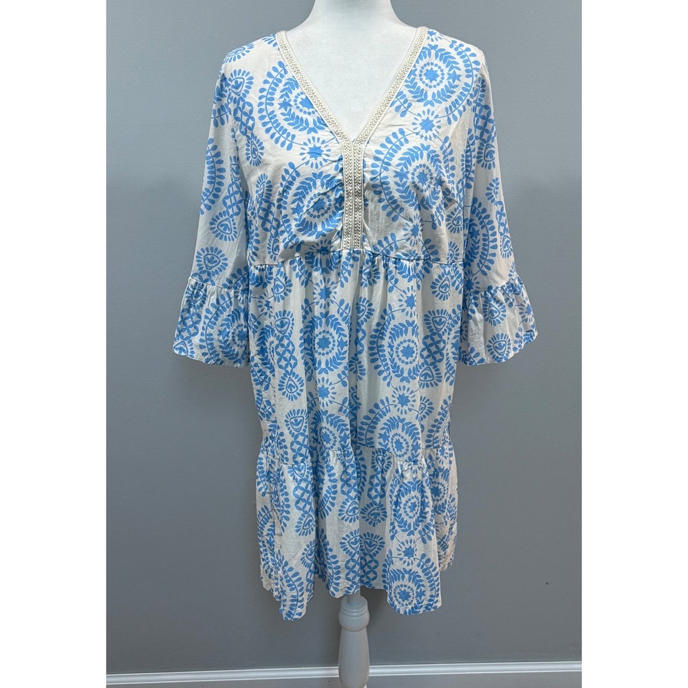 Saiph Lab Made in Italy Blue White Cotton Tiered Bell Sleeve V-Neck Dress XL